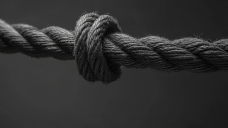 This black and white image captures the intricate details of a tightly knotted rope, showcasing its texture and strength against a minimalistic background.の素材
