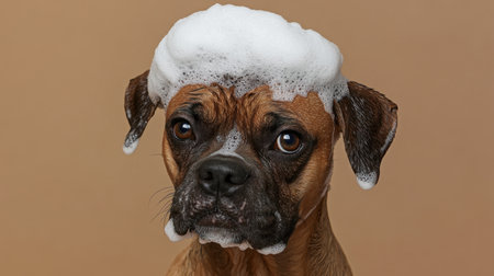 A charming dog with soap bubbles adorably perched on its head, capturing a playful moment during bath time. Perfect for pet care themes and humor.の素材