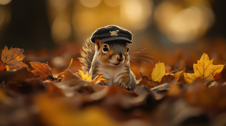 A charming squirrel wearing a hat explores a bed of autumn leaves. This cute wildlife portrait showcases the beauty of fall in a serene forest setting.の素材