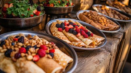 Indulge in a vibrant array of crepes topped with fresh fruits and nuts, perfect for a brunch or dessert spread. Experience delicious flavors and textures!の素材
