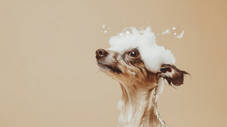 A charming portrait of a playful dog enjoying a bubble bath, showcasing its joyful expression and clean fur against a minimalist, neutral background.の素材
