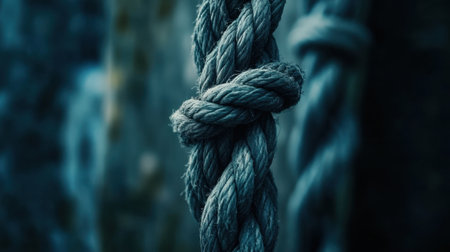 A close-up shot of a twisted natural fiber rope showcasing intricate knots and textures against a blurred backdrop, highlighting strength and craftsmanship.の素材