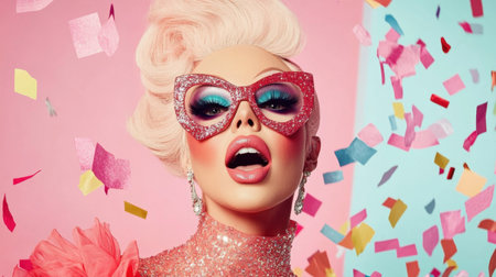 This vibrant fashion portrait showcases a glamorous model amidst colorful confetti. The bold makeup and stylish accessories capture a festive and joyful spirit, perfect for celebrations.の素材