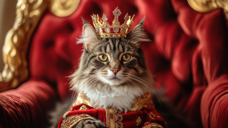 A majestic cat adorned with a crown and royal robe sits elegantly on a lavish throne, exuding a regal charm and delightful personality.の素材