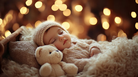 A heartwarming scene of a sleeping baby nestled with a teddy bear, surrounded by warm lights. Captures the essence of innocence and tranquility in childhood.の素材
