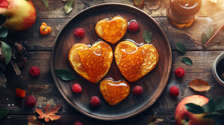 Delight in a cozy breakfast scene featuring heart-shaped pancakes drizzled with syrup, surrounded by fresh berries and autumn leaves, perfect for any occasion.の素材