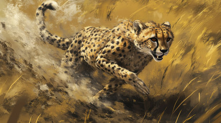 A stunning illustration of a cheetah sprinting through golden grassland, showcasing its power and agility in a natural setting full of energy and life.の素材