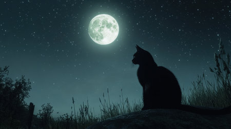 A serene silhouette of a cat sitting quietly against a bright, full moon illuminating a starry night sky, capturing a moment of peace and solitude in nature.の素材