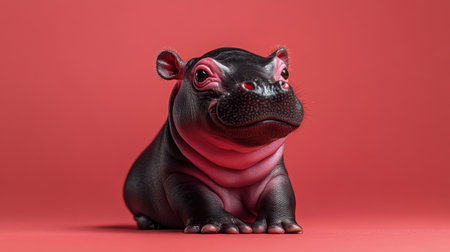 A charming baby hippo poses against a vibrant red background, showcasing its round features and playful expression, perfect for cute animal themes.の素材