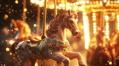 This enchanting image features a vintage carousel horse surrounded by glowing bokeh lights, evoking feelings of nostalgia and joy at a fairground. Perfect for capturing memories and celebrations.の素材