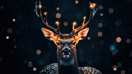 A stunning deer portrait featuring sparkling antlers and a dark, dreamy background. This image captures the beauty and elegance of wildlife.の素材