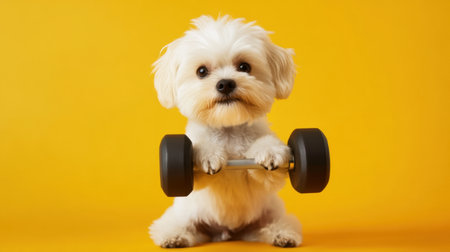 A cute dog lifting a small dumbbell against a bright yellow background. This playful and cheerful pet embodies fitness, fun, and companionship.の素材
