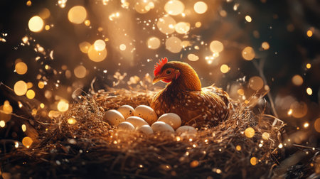 A serene scene of a chicken sitting in a nest of eggs, surrounded by a soft golden light and shimmering bokeh, evoking feelings of warmth and tranquility.の素材