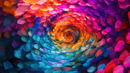 A mesmerizing spiral of vibrant colors creates a dynamic abstract pattern. Perfect for backgrounds, this artwork represents joy and creativity.の素材