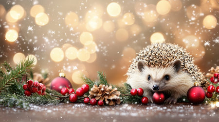 A charming hedgehog nestled among festive holiday decorations, surrounded by pine branches, ornaments, and softly glowing lights, evoking warmth and joy.の素材