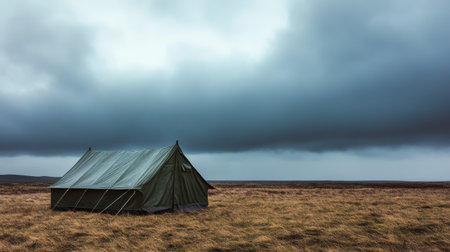 A solitary tent stands against a dramatic cloudy sky, showcasing the beauty of nature and the thrill of outdoor adventures in a vast landscape.の素材