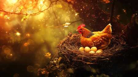 A serene chicken sitting in a cozy nest surrounded by golden light in a magical forest. This delightful scene captures the essence of nature's beauty and peaceful moments.の素材