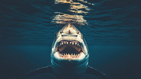 A striking image of a shark displaying its formidable jaws just below the water's surface, capturing the essence of marine wildlife and underwater beauty.の素材