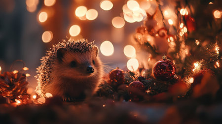 A charming hedgehog nestled among holiday decorations and glowing lights, creating a warm and inviting atmosphere perfect for the festive season.の素材