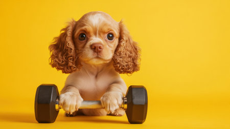 This adorable puppy lifts a dumbbell against a bright yellow background, representing fitness and playfulness in a cheerful and energetic manner.の素材