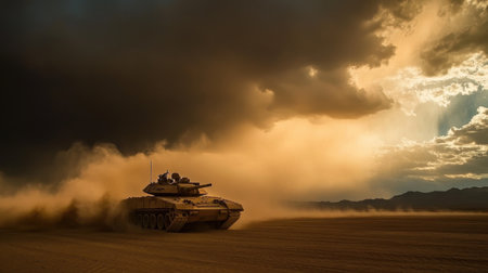 A military tank moves swiftly through a dusty desert landscape under a dramatic sky, showcasing power and agility in a challenging environment.の素材