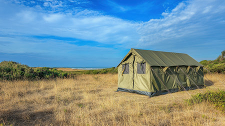 A spacious tent set against a beautiful outdoor landscape featuring tall grass under a clear blue sky, perfect for camping and outdoor adventures.の素材