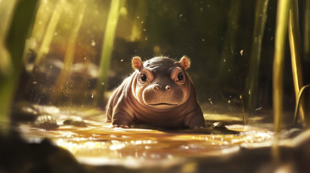 A peaceful hippopotamus rests in a natural water environment, surrounded by lush greenery. The serene atmosphere showcases the beauty of wildlife in its habitat.の素材