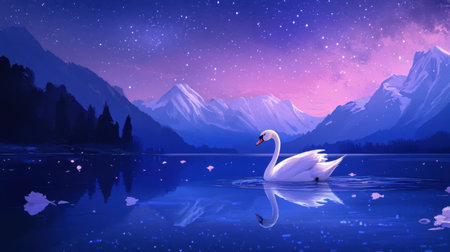 A serene scene featuring a graceful swan gliding across a tranquil lake surrounded by majestic mountains under a twilight sky filled with stars.の素材
