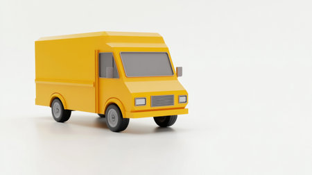 A bright yellow delivery truck model is showcased against a clean white background, perfect for illustrating concepts of logistics, transportation, and commerce.の素材