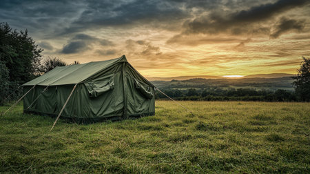A serene camping scene featuring a green tent set against a stunning sunset. The landscape captures the beauty of nature, perfect for outdoor enthusiasts.の素材