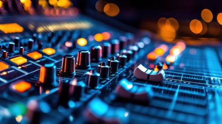 Bright, illuminated studio mixing console with multiple controls and LED lights, reflecting the creativity and precision of sound engineering.の素材