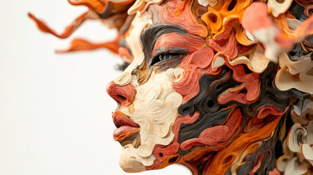This striking abstract portrait features vibrant swirls and textures that create a unique visual experience. The intricate design captures emotion and artistry.の素材