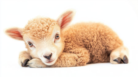 Adorable light brown baby sheep isolated on a white background, perfect for highlighting the beauty and innocence of the young animalの素材