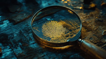 A close-up view of a fingerprint illuminated by a magnifying glass on a textured wood surface, showcasing the unique patterns and details in forensic investigation.の素材
