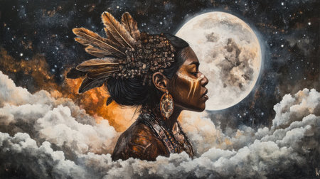 A stunning portrait of a woman with feathers in her hair, set against a dramatic moonlit sky. The artwork captures beauty, culture, and spirituality.の素材