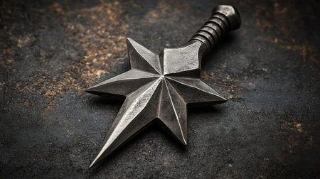 A stunning close-up of a sharp metal star weapon resting on a dark textured surface. This striking piece showcases intricate design and impressive craftsmanship.の素材