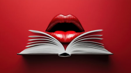This striking image features an open book with bold red lips, showcasing an artistic blend of literature and beauty against a vibrant background.の素材