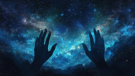 Two outstretched hands reach toward a breathtaking starry universe, evoking feelings of wonder and connection to the cosmos, inviting viewers to explore the beauty of space.の素材