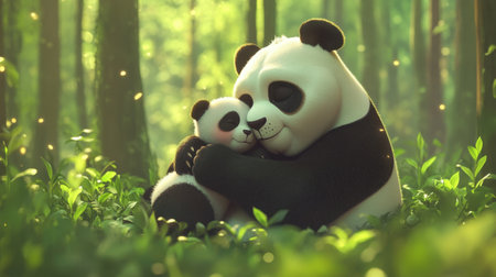 A heartwarming scene of a mother panda and her baby cuddling in a vibrant green forest, showcasing their bond and affection amidst nature's beauty.の素材