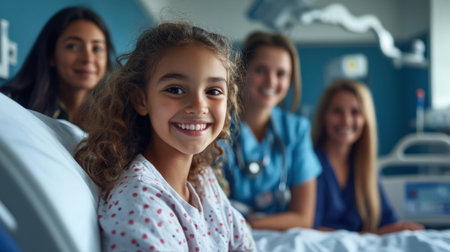 A cheerful young girl smiles in a hospital room, surrounded by caring healthcare professionals. The image captures a supportive and friendly healthcare environment focused on patient care and comfort.の素材