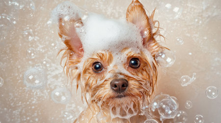 A cute dog enjoying a bubble bath, surrounded by soap suds and bubbles. This playful scene captures the joy of pet grooming and the beauty of a clean, happy animal.の素材