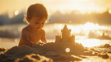 A young child enjoys building a sandcastle on the beach at sunset. The warm sunlight reflects on the water, creating a serene and joyful atmosphere.の素材