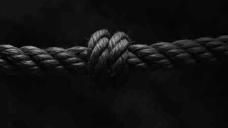 A dramatic black and white close-up of a tightly tied knot on a rope, emphasizing texture and craftsmanship against a dark background. Perfect for themes of strength and connection.の素材