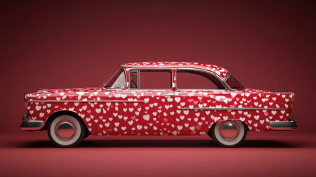 A vintage car adorned with a playful hearts pattern on a vibrant red background. Perfect for themes of love, nostalgia, and creativity in design.の素材