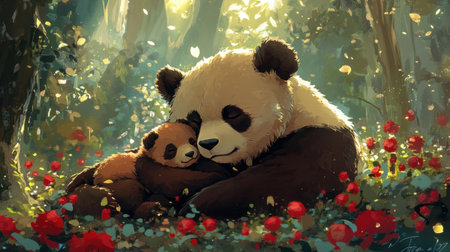 A heartwarming scene of a mother panda cuddling her baby in a vibrant forest filled with flowers, sunlight, and greenery, capturing pure affection in nature.の素材