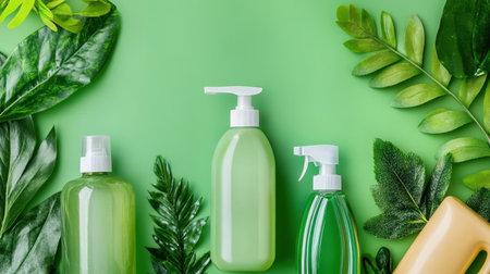 A vibrant display of eco-friendly cleaning products surrounded by lush greenery, symbolizing freshness and natural cleaning solutions for every home.の素材