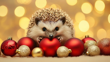 A charming hedgehog rests among festive ornaments, radiating holiday cheer. This cozy scene captures the spirit of winter and joy. Perfect for seasonal themes.の素材