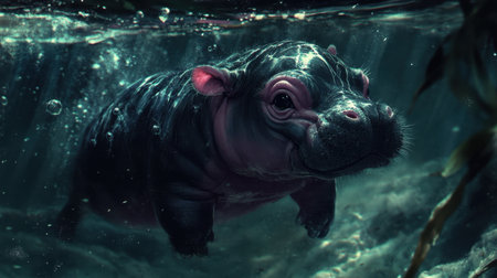 A charming young hippo swims gracefully underwater, showcasing its playful nature. The clear water highlights its vibrant skin texture and serene environment.の素材