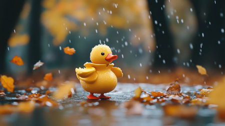 A cheerful rubber duck stands in a puddle amidst falling autumn leaves and gentle rain, capturing the essence of playful childhood moments in nature.の素材