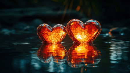 Two beautiful mosaic heart candles gently float on calm water, casting a warm glow and creating a romantic atmosphere for any special occasion.の素材
